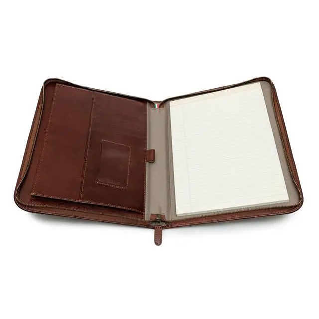 Alt view image 2 of 7 - Premium Leather Portfolio Padfolio - Executive Folio for Men and Women with Zipper, Folio Document Organizer, Laptop Sleeve, iPad Case and Folder - Made in Italy, Brown