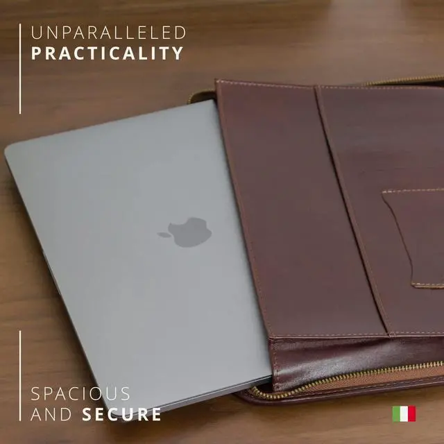 Alt view image 5 of 7 - Premium Leather Portfolio Padfolio - Executive Folio for Men and Women with Zipper, Folio Document Organizer, Laptop Sleeve, iPad Case and Folder - Made in Italy, Brown
