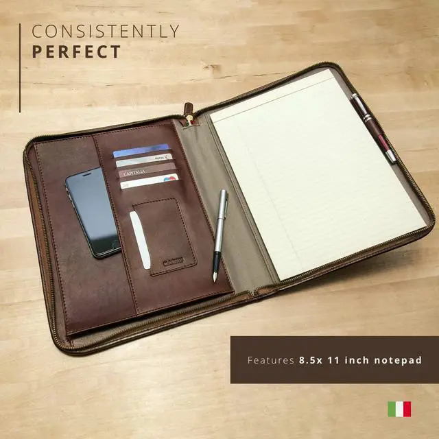 Alt view image 6 of 7 - Premium Leather Portfolio Padfolio - Executive Folio for Men and Women with Zipper, Folio Document Organizer, Laptop Sleeve, iPad Case and Folder - Made in Italy, Brown