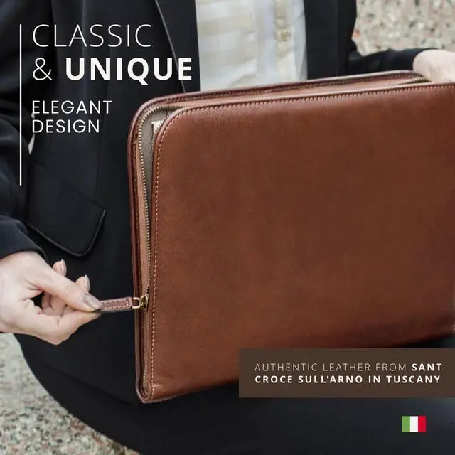 Alt view image 7 of 7 - Premium Leather Portfolio Padfolio - Executive Folio for Men and Women with Zipper, Folio Document Organizer, Laptop Sleeve, iPad Case and Folder - Made in Italy, Brown