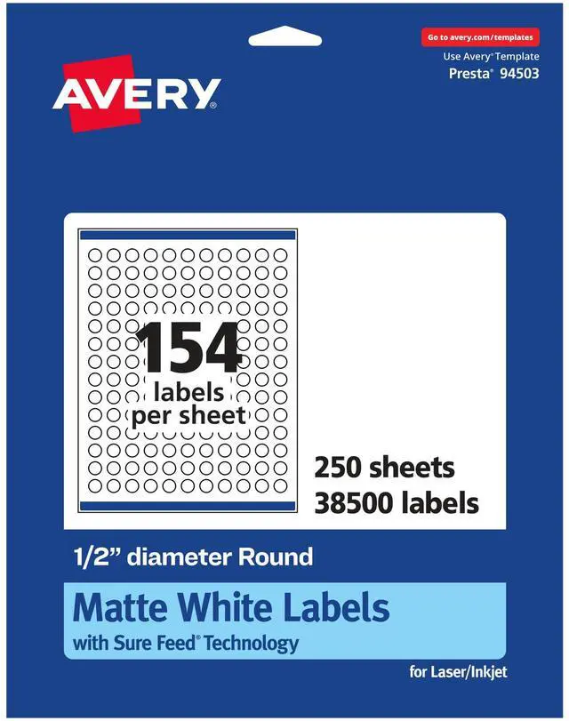 Main image of ® Matte White Round Labels, Sure Feed® Technology, 1/2" Diameter, 38,500 Matte White Printable Labels