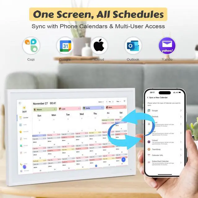 Alt view image 3 of 7 - 15.6" Smart Digital Wall Calendar - WiFi Family Organizer with Sync Google/Outlook/Apple Calendar, Touchscreen Meal Planner & Chore Chart, Digital Photo Frame for Home & Office