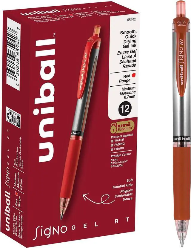 Main image of uniball Signo Gel Pen, Retractable, Medium 0.7 Mm, Red Ink, Red/metallic Accents Barrel, Dozen (Pack of 144)