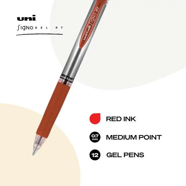 Alt view image 2 of 7 - uniball Signo Gel Pen, Retractable, Medium 0.7 Mm, Red Ink, Red/metallic Accents Barrel, Dozen (Pack of 144)