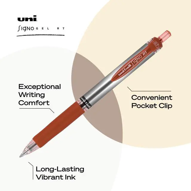 Alt view image 3 of 7 - uniball Signo Gel Pen, Retractable, Medium 0.7 Mm, Red Ink, Red/metallic Accents Barrel, Dozen (Pack of 144)