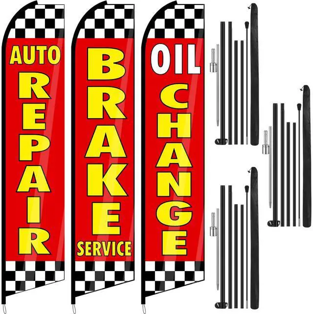 Main image of 3 Pack Auto Repair Feather Flag -12 ft Advertising Flags for Business with Pole Kit Automotive Service Brake Oil Change Banner Feather Signs Set for Auto Repair Shop Supplies