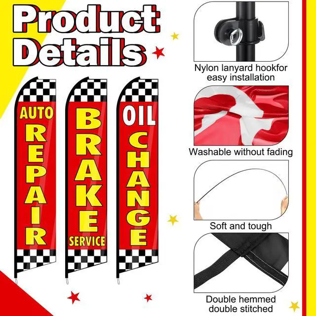 Alt view image 4 of 7 - 3 Pack Auto Repair Feather Flag -12 ft Advertising Flags for Business with Pole Kit Automotive Service Brake Oil Change Banner Feather Signs Set for Auto Repair Shop Supplies