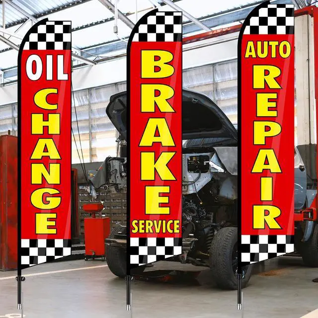 Alt view image 6 of 7 - 3 Pack Auto Repair Feather Flag -12 ft Advertising Flags for Business with Pole Kit Automotive Service Brake Oil Change Banner Feather Signs Set for Auto Repair Shop Supplies