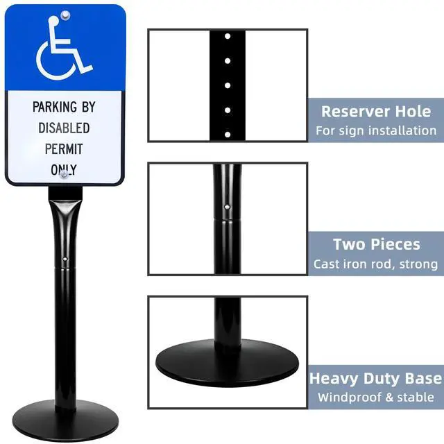Alt view image 7 of 7 - Heavy Duty Parking Sign Post 48" Sign Base Cast Iron Sign Stand, Movable Parking Sign Stand for Hanging Signs (Black-2 Pack-30 lbs)