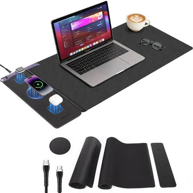 Main image of Wireless Charging Mouse Pad with 2nd Gen Tech, 3-in-1 25W Fast Charger, Replaceable Rubber & Microfiber Leather Desk Mat, Large Waterproof Desk Pad for Office & Gaming