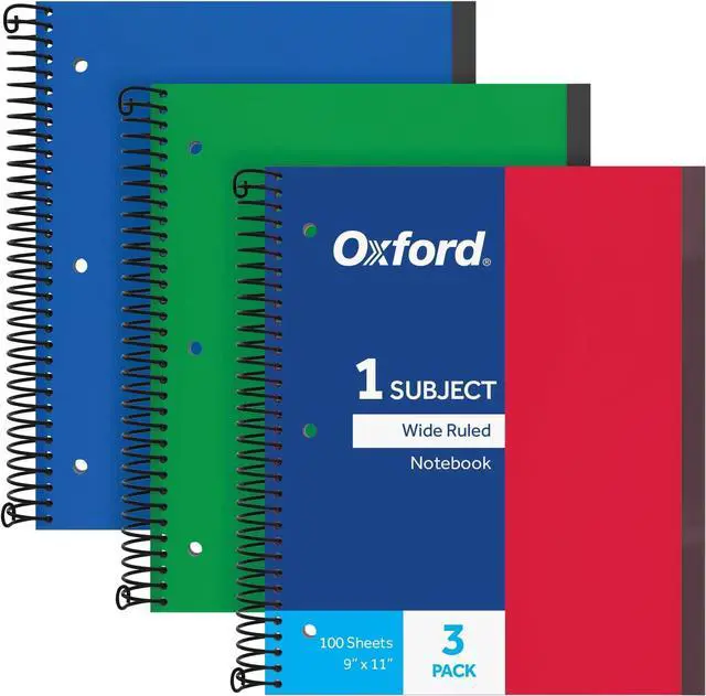 Main image of Spiral Notebook, 1 Subject, Wide Rule Journal, Durable Plastic Covers, 1 Pocket, 8.5 x 11 Inches, 100 Sheets, Red, Green, Blue (89802) (Pack of 24)
