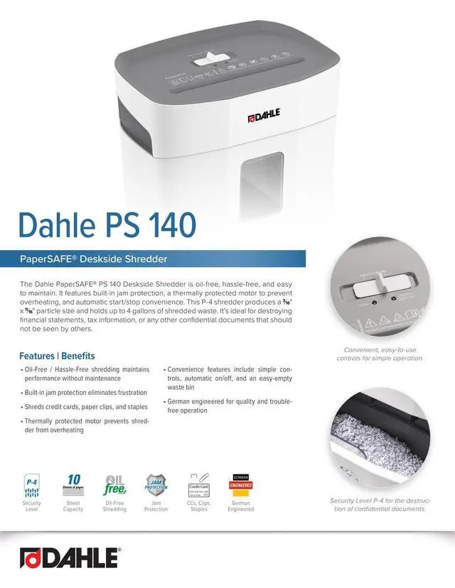 Alt view image 6 of 7 - PaperSAFE PS 140 Paper Shredder, Oil Free, Jam Protection, Security Level P-4, 10 Sheet Max, Shreds Staples, Paper Clips & Credit Cards