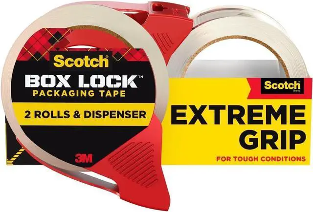 Main image of Box Lock Packaging Tape, 2 Rolls with 1 Refillable Dispenser, 1.88 in x 54.6 yd, Extreme Grip, Sticks Instantly to Any Box (Pack of 6)
