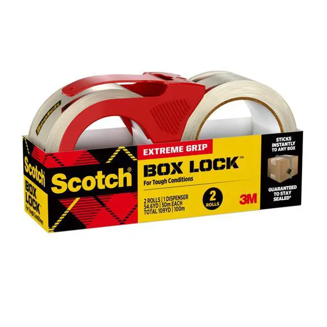Alt view image 5 of 7 - Box Lock Packaging Tape, 2 Rolls with 1 Refillable Dispenser, 1.88 in x 54.6 yd, Extreme Grip, Sticks Instantly to Any Box (Pack of 6)