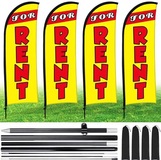 Main image of 4 Sets FOR RENT Feather Flag Kit 7ft FOR RENT Flag Banner Bulk with Pole Ground Spike and Portable Bag for Estate Flags Business Advertising Outside Ground (7ft,Yellow)