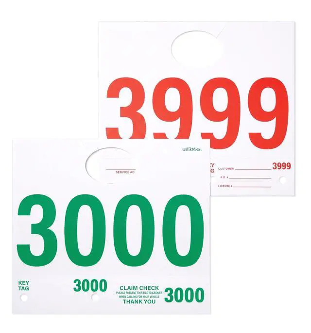 Main image of Automotive Service Tag Numbers (3000-3999) 1000 Ct | Red Green Service Dispatch Numbers - Auto Dealer Vehicle Repair Mirror Hang Tags - 3 Part Double Sided Tracking System Signs