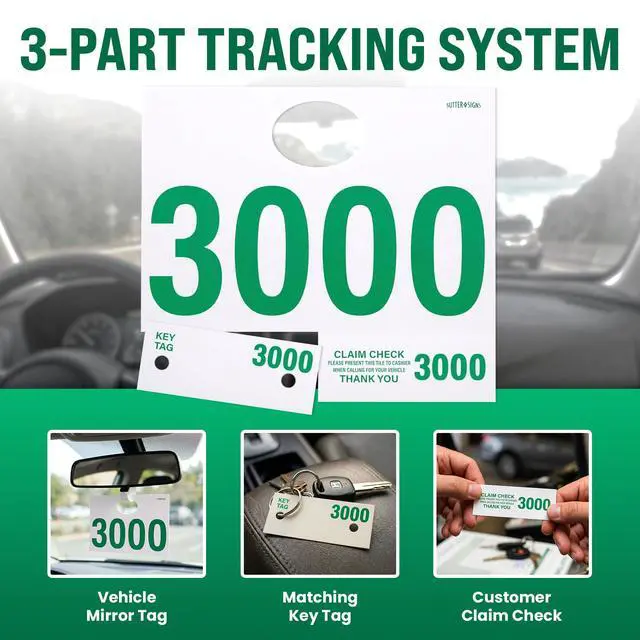 Alt view image 3 of 6 - Automotive Service Tag Numbers (3000-3999) 1000 Ct | Red Green Service Dispatch Numbers - Auto Dealer Vehicle Repair Mirror Hang Tags - 3 Part Double Sided Tracking System Signs