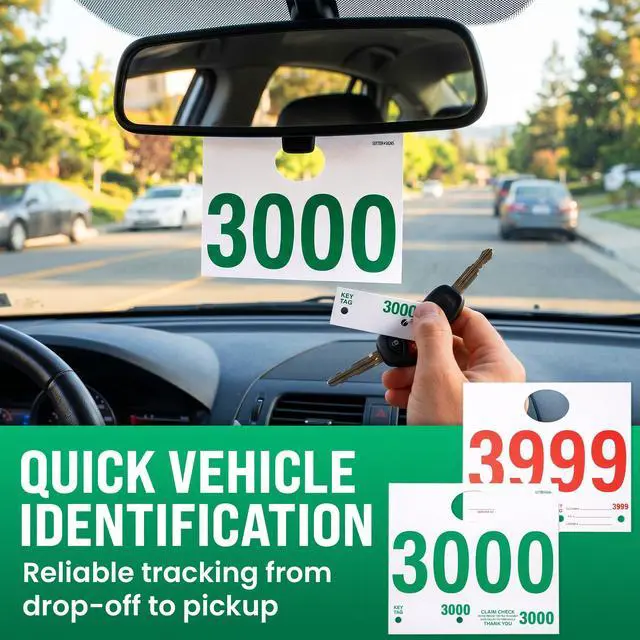 Alt view image 4 of 6 - Automotive Service Tag Numbers (3000-3999) 1000 Ct | Red Green Service Dispatch Numbers - Auto Dealer Vehicle Repair Mirror Hang Tags - 3 Part Double Sided Tracking System Signs