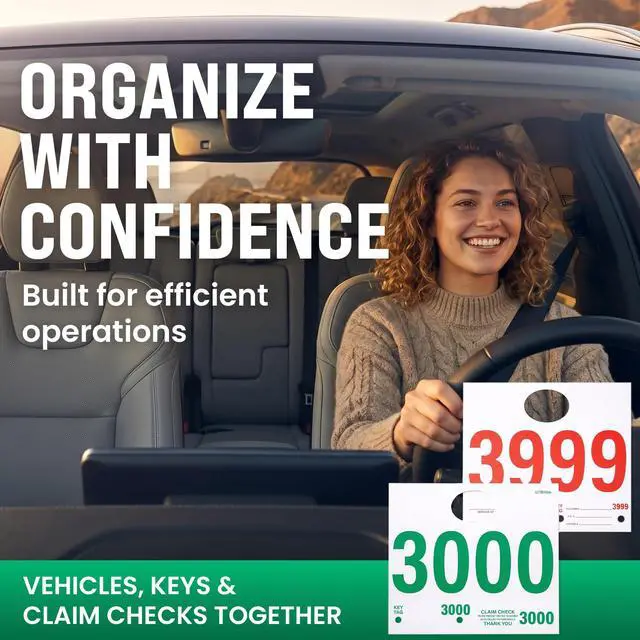 Alt view image 6 of 6 - Automotive Service Tag Numbers (3000-3999) 1000 Ct | Red Green Service Dispatch Numbers - Auto Dealer Vehicle Repair Mirror Hang Tags - 3 Part Double Sided Tracking System Signs