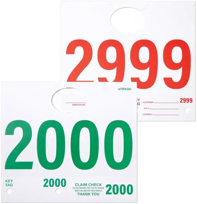 Main image of Automotive Service Tag Numbers (2000-2999) Red Green | Service Dispatch Numbers - Auto Dealer Vehicle Repair Mirror Hang Tags - 3 Part Double Sided Tracking System Signs - 1000 Ct