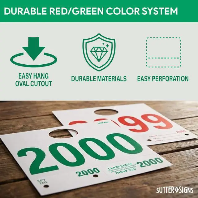 Alt view image 3 of 7 - Automotive Service Tag Numbers (2000-2999) Red Green | Service Dispatch Numbers - Auto Dealer Vehicle Repair Mirror Hang Tags - 3 Part Double Sided Tracking System Signs - 1000 Ct