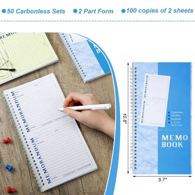 Alt view image 2 of 6 - 10 Pack Memorandum Book Carbon Copy Notebook Carbonless Two-part Duplicate Memorandum Forms Book Tear off Phone Message Pads for Office School Home