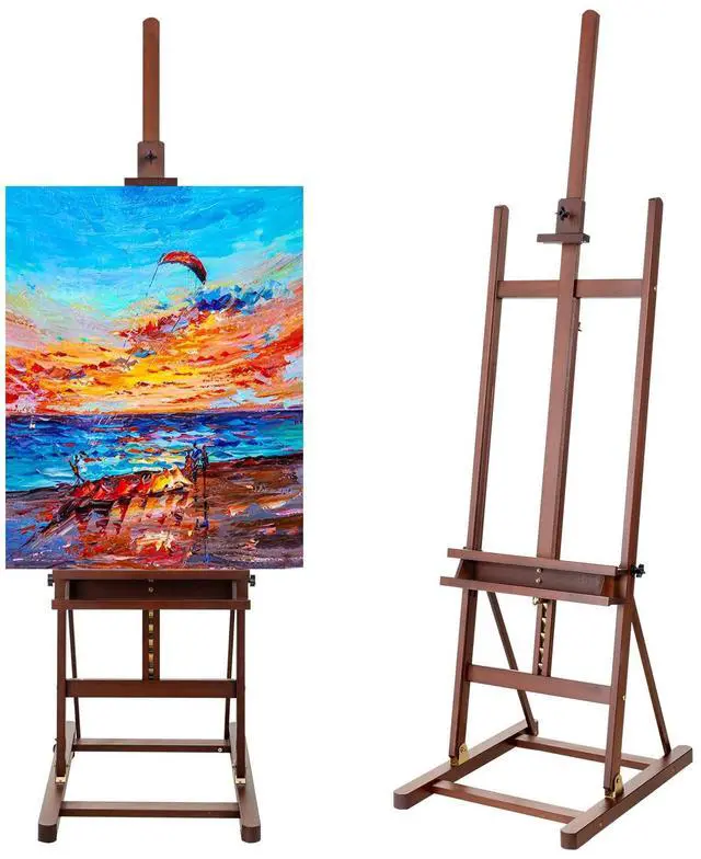 Main image of Beechwood H-Frame Artist Studio Easel with Wheels and Storage Tray, Brown | Adjustable Floor Easel Stand Holding Canvas up to 51Inches for Painting