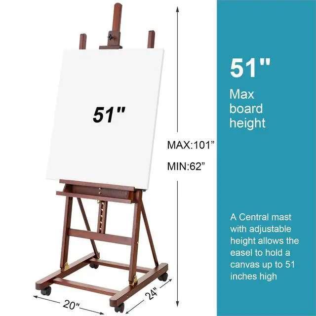 Alt view image 2 of 7 - Beechwood H-Frame Artist Studio Easel with Wheels and Storage Tray, Brown | Adjustable Floor Easel Stand Holding Canvas up to 51Inches for Painting