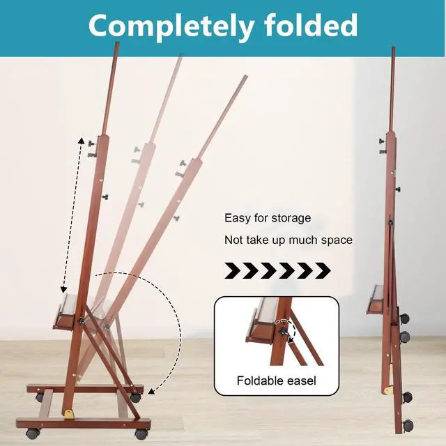 Alt view image 3 of 7 - Beechwood H-Frame Artist Studio Easel with Wheels and Storage Tray, Brown | Adjustable Floor Easel Stand Holding Canvas up to 51Inches for Painting