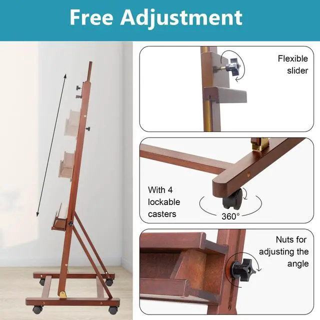 Alt view image 5 of 7 - Beechwood H-Frame Artist Studio Easel with Wheels and Storage Tray, Brown | Adjustable Floor Easel Stand Holding Canvas up to 51Inches for Painting