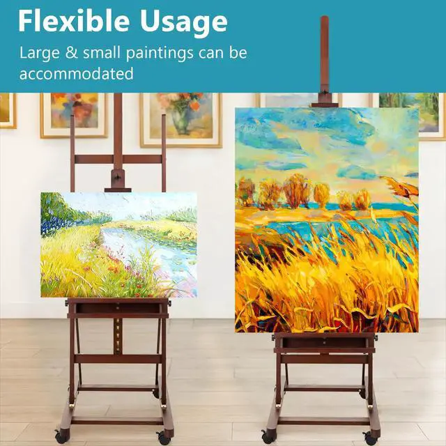Alt view image 6 of 7 - Beechwood H-Frame Artist Studio Easel with Wheels and Storage Tray, Brown | Adjustable Floor Easel Stand Holding Canvas up to 51Inches for Painting