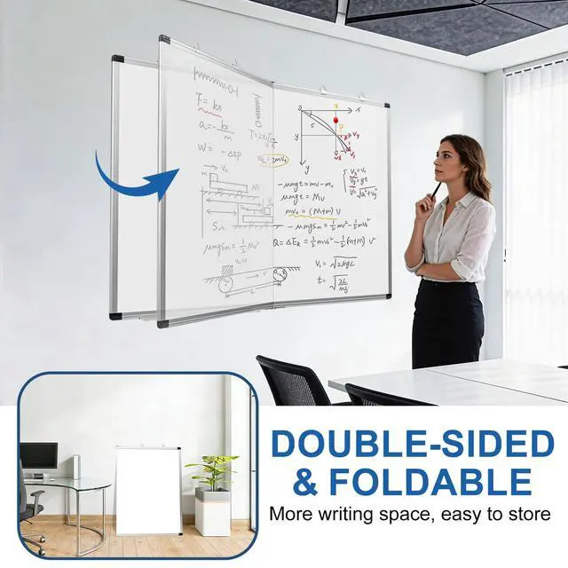 Alt view image 2 of 7 - Large Magnetic White Board 72" x 40" Wall-Mounted Dry Erase Board | Foldable & Double-Sided, Aluminum Frame, No Ghosting Easy Wipe, Complete Accessories Set for Office, School, Classroom, Home