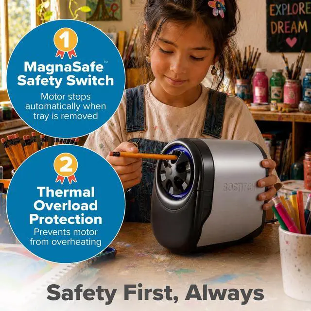 Alt view image 4 of 7 - Office QuietSharp Electric Pencil Sharpener, Sharpens Standard & Colored Pencils, Heavy Duty Classroom or Office Use, Size Selector with 6 Different Sizes, Silver/Black