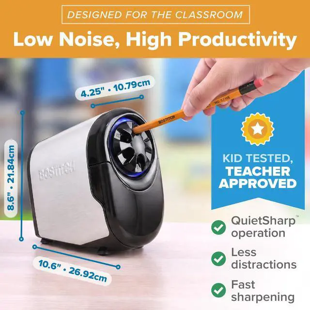 Alt view image 5 of 7 - Office QuietSharp Electric Pencil Sharpener, Sharpens Standard & Colored Pencils, Heavy Duty Classroom or Office Use, Size Selector with 6 Different Sizes, Silver/Black