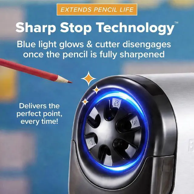 Alt view image 7 of 7 - Office QuietSharp Electric Pencil Sharpener, Sharpens Standard & Colored Pencils, Heavy Duty Classroom or Office Use, Size Selector with 6 Different Sizes, Silver/Black