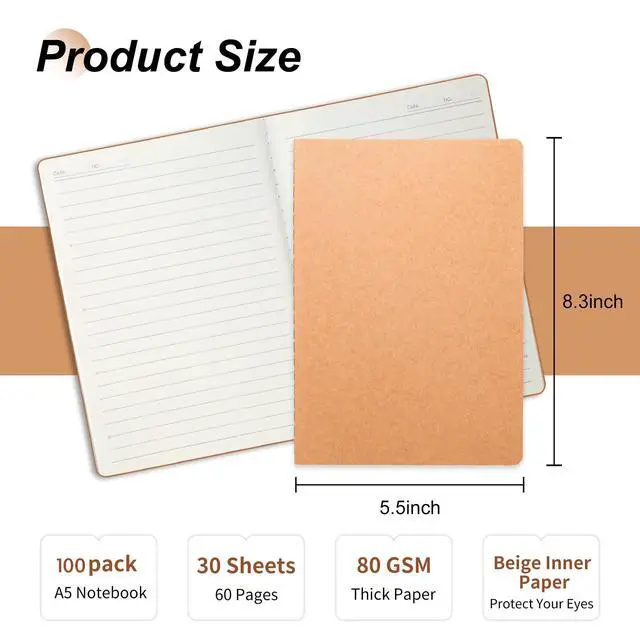 Alt view image 2 of 7 - 100 Pack A5 Kraft Paper Notebook Lined Journal Bulk, 8.3 X 5.5 Inch, 60 Pages/30 Sheets, 80gsm, Travel Notebook Notepad for Adult, Students, Gift, Office, Back to School Supplies