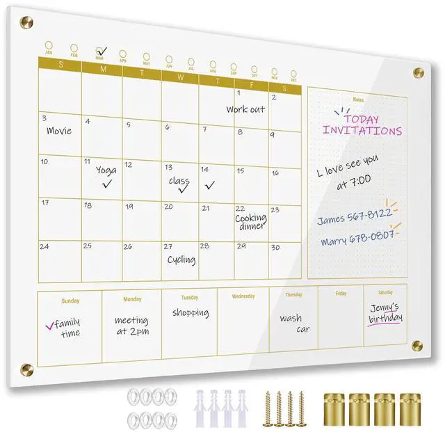 Main image of Glass 3-1 Golden Monthly Dry Erase Calendar Whiteboard for Wall,20"x 30",Frameless Mounting,Office/School/Home, Frameless Large Planner White Board