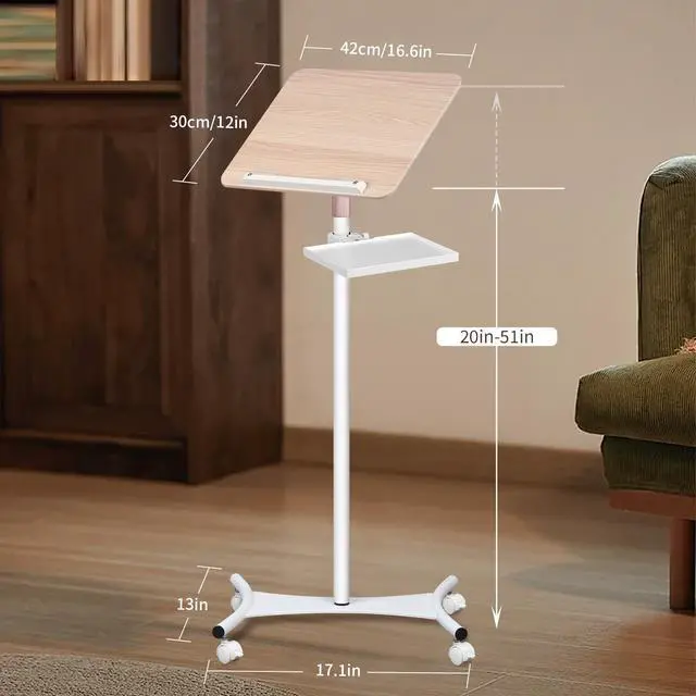 Alt view image 2 of 7 - Floor/Desktop Standing Book Stand,Solid Wood, Music Stand for Sheet Music with Tray, 4 Lockable Casters, Reading Stand with Page Clips, Height from 20-51in, for Laptops, Bible/Cookbook