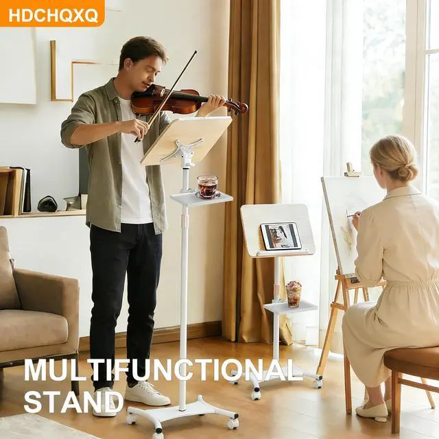 Alt view image 3 of 7 - Floor/Desktop Standing Book Stand,Solid Wood, Music Stand for Sheet Music with Tray, 4 Lockable Casters, Reading Stand with Page Clips, Height from 20-51in, for Laptops, Bible/Cookbook