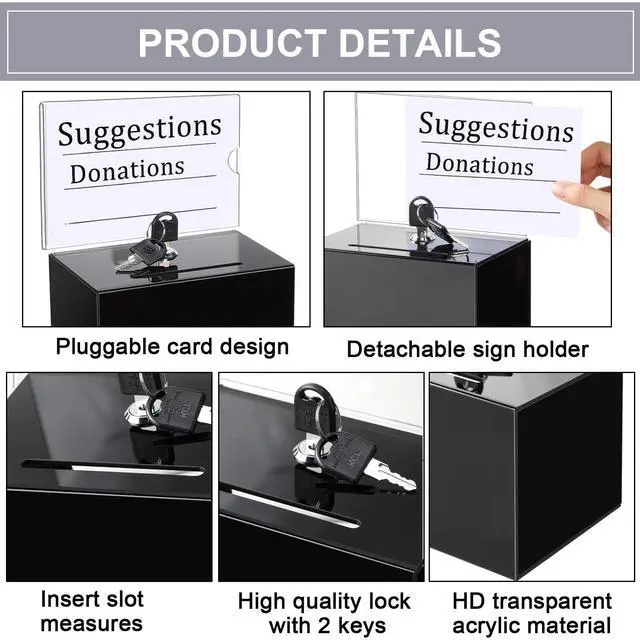 Alt view image 3 of 7 - Acrylic Donation Box with Lock and Sign Holder Tip Jar Raffle Ticket Box Clear Ballot Boxes for Fundraising Voting Suggestion Collection School 6.1 x 4.3 x 3.8 Inch