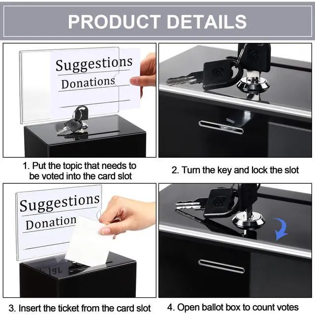 Alt view image 4 of 7 - Acrylic Donation Box with Lock and Sign Holder Tip Jar Raffle Ticket Box Clear Ballot Boxes for Fundraising Voting Suggestion Collection School 6.1 x 4.3 x 3.8 Inch