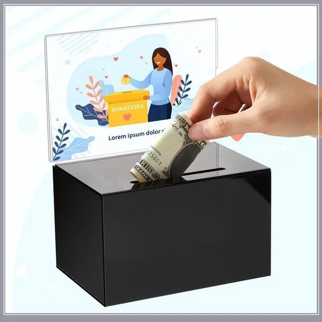 Alt view image 7 of 7 - Acrylic Donation Box with Lock and Sign Holder Tip Jar Raffle Ticket Box Clear Ballot Boxes for Fundraising Voting Suggestion Collection School 6.1 x 4.3 x 3.8 Inch
