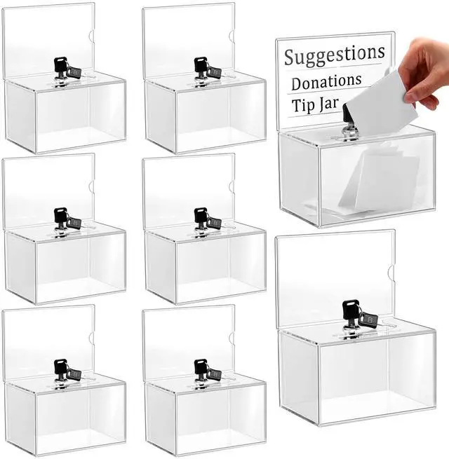 Main image of Acrylic Donation Box with Lock and Sign Holder Tip Jar Raffle Ticket Box Clear Ballot Boxes for Fundraising Voting Suggestion Collection School 6.1 x 4.3 x 3.8 Inch