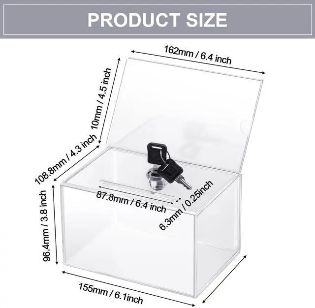 Alt view image 2 of 7 - Acrylic Donation Box with Lock and Sign Holder Tip Jar Raffle Ticket Box Clear Ballot Boxes for Fundraising Voting Suggestion Collection School 6.1 x 4.3 x 3.8 Inch