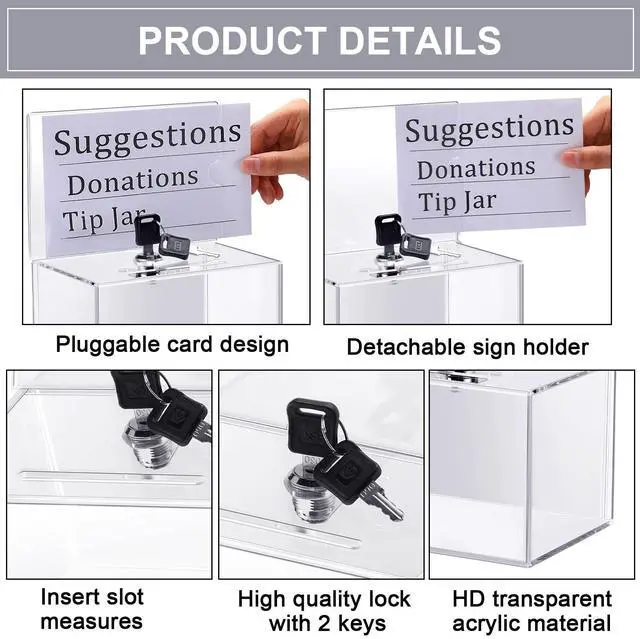 Alt view image 3 of 7 - Acrylic Donation Box with Lock and Sign Holder Tip Jar Raffle Ticket Box Clear Ballot Boxes for Fundraising Voting Suggestion Collection School 6.1 x 4.3 x 3.8 Inch