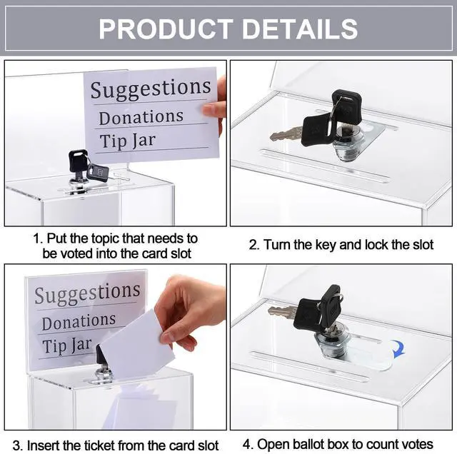 Alt view image 4 of 7 - Acrylic Donation Box with Lock and Sign Holder Tip Jar Raffle Ticket Box Clear Ballot Boxes for Fundraising Voting Suggestion Collection School 6.1 x 4.3 x 3.8 Inch