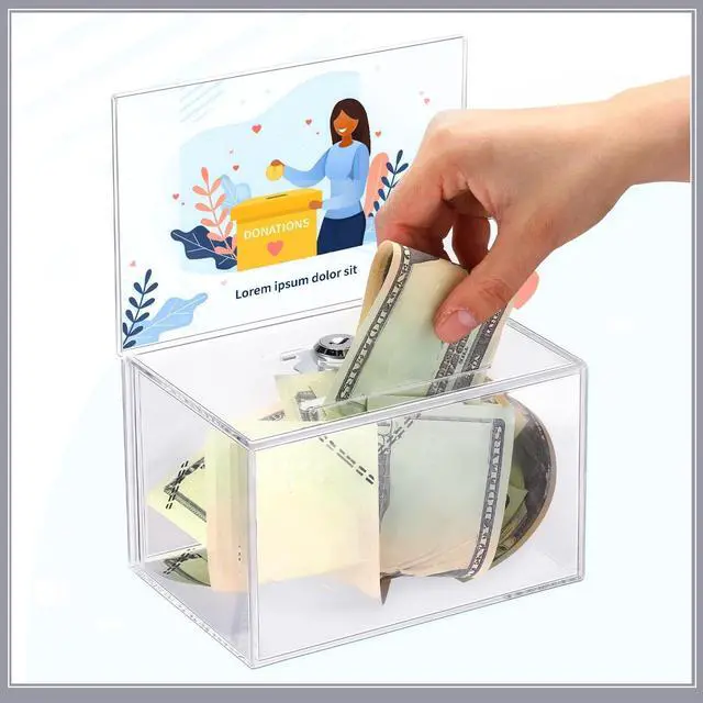 Alt view image 7 of 7 - Acrylic Donation Box with Lock and Sign Holder Tip Jar Raffle Ticket Box Clear Ballot Boxes for Fundraising Voting Suggestion Collection School 6.1 x 4.3 x 3.8 Inch