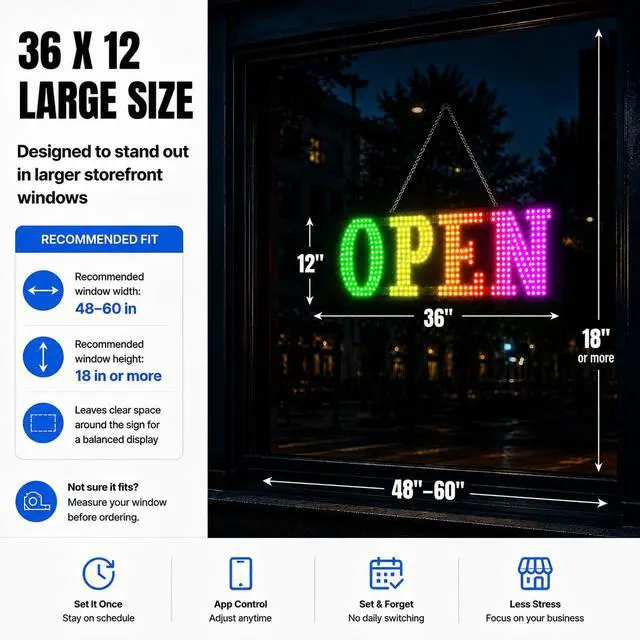 Alt view image 6 of 7 - 36"x12" LED Open Sign for Business Smart App & Remote Control, Timer, Custom Colors & Brightness High Visibility for Storefronts, Restaurants, Bars, Salons, Cafes, Retail Shops