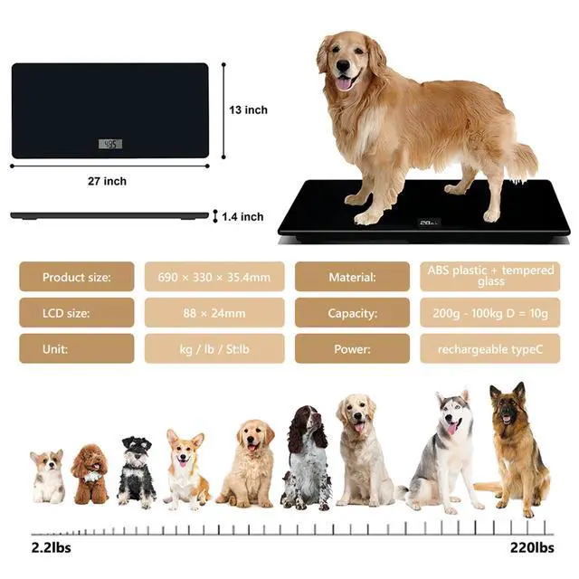 Alt view image 2 of 7 - Medium-Small Veterinary Scale, Dog Scale (±10g) Accuracy, Max 220lbs, Digital Pet Scales and USB Recharging Cord Included, 27 x 13 inch Tempered Glass Platform with Anti Slip Sticker