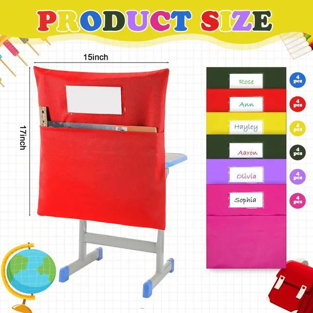 Alt view image 2 of 7 - 24 Pack Classroom Chair Pockets, 15 x 17 Inch Book Storage Bags for Chair with Name Slot Students Chairback Pockets for Kindergarten Primary School Home(Multicolor)